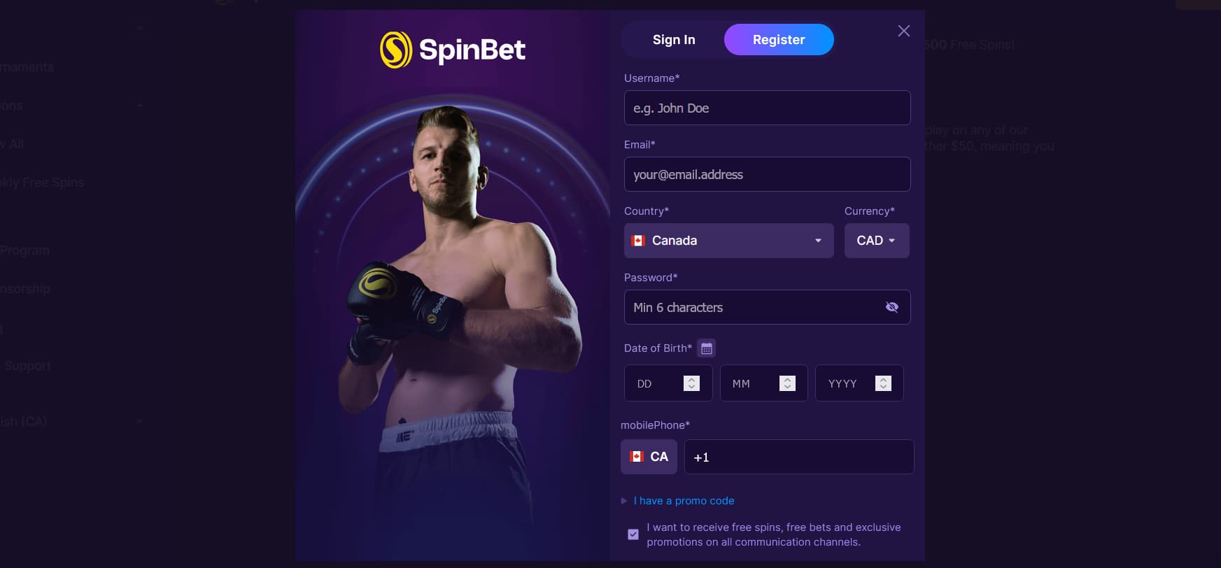 spinbet registration